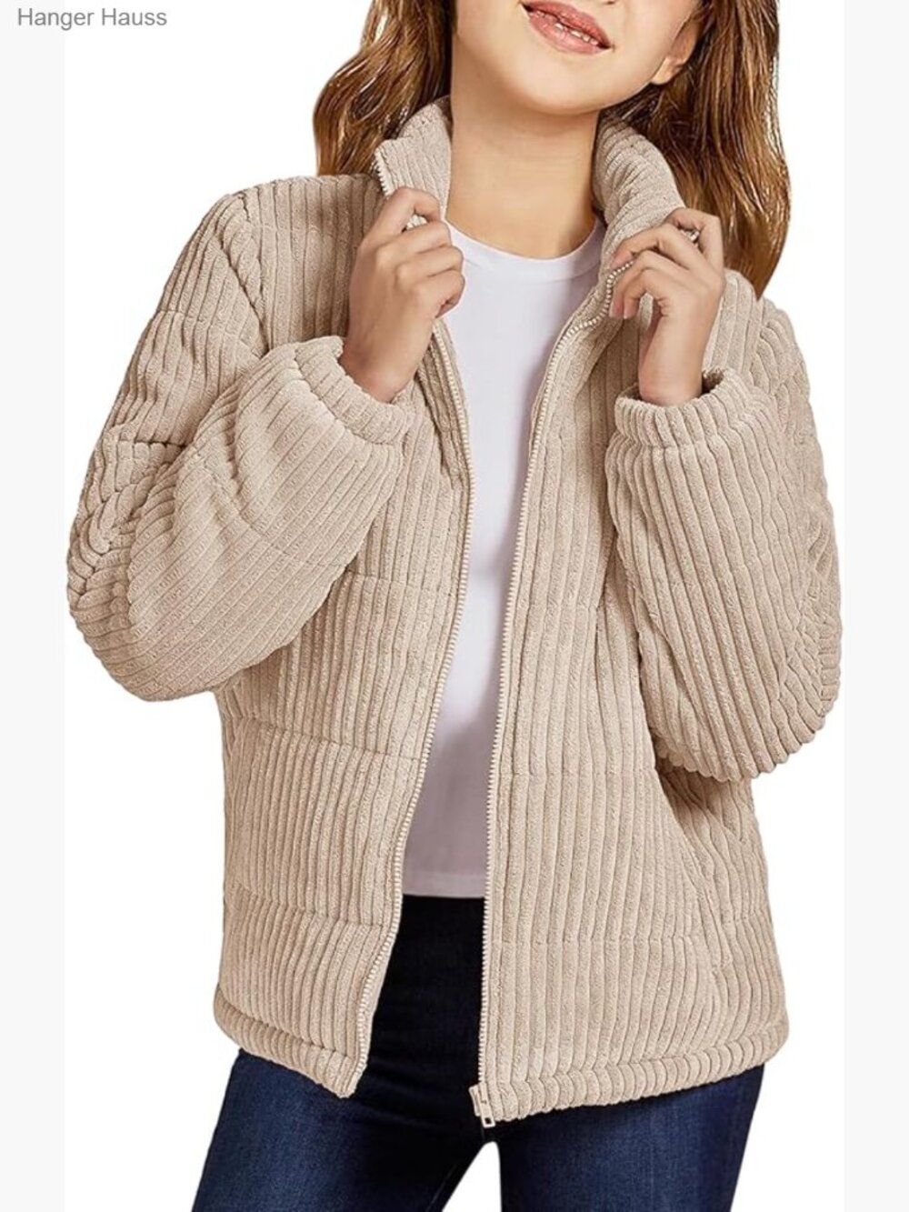 Girls Corduroy Quilted Jacket Long Sleeve Zip Up Stand Collar with Pockets